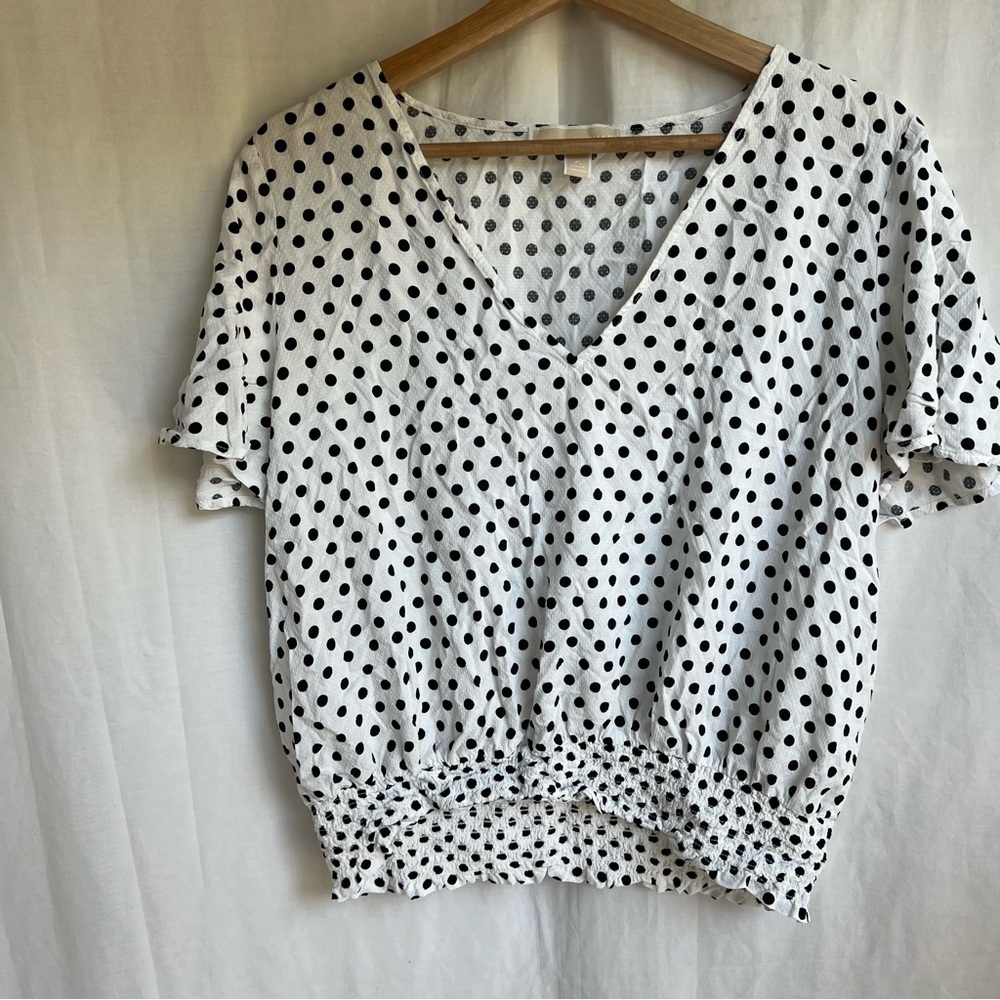 Michael Kors textured polka dot flutter sleeve smocked hemline deep v XL